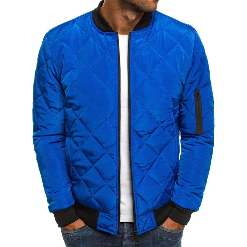Men's Quilted Bomber Jacket – Stand Collar with Diamond Pattern