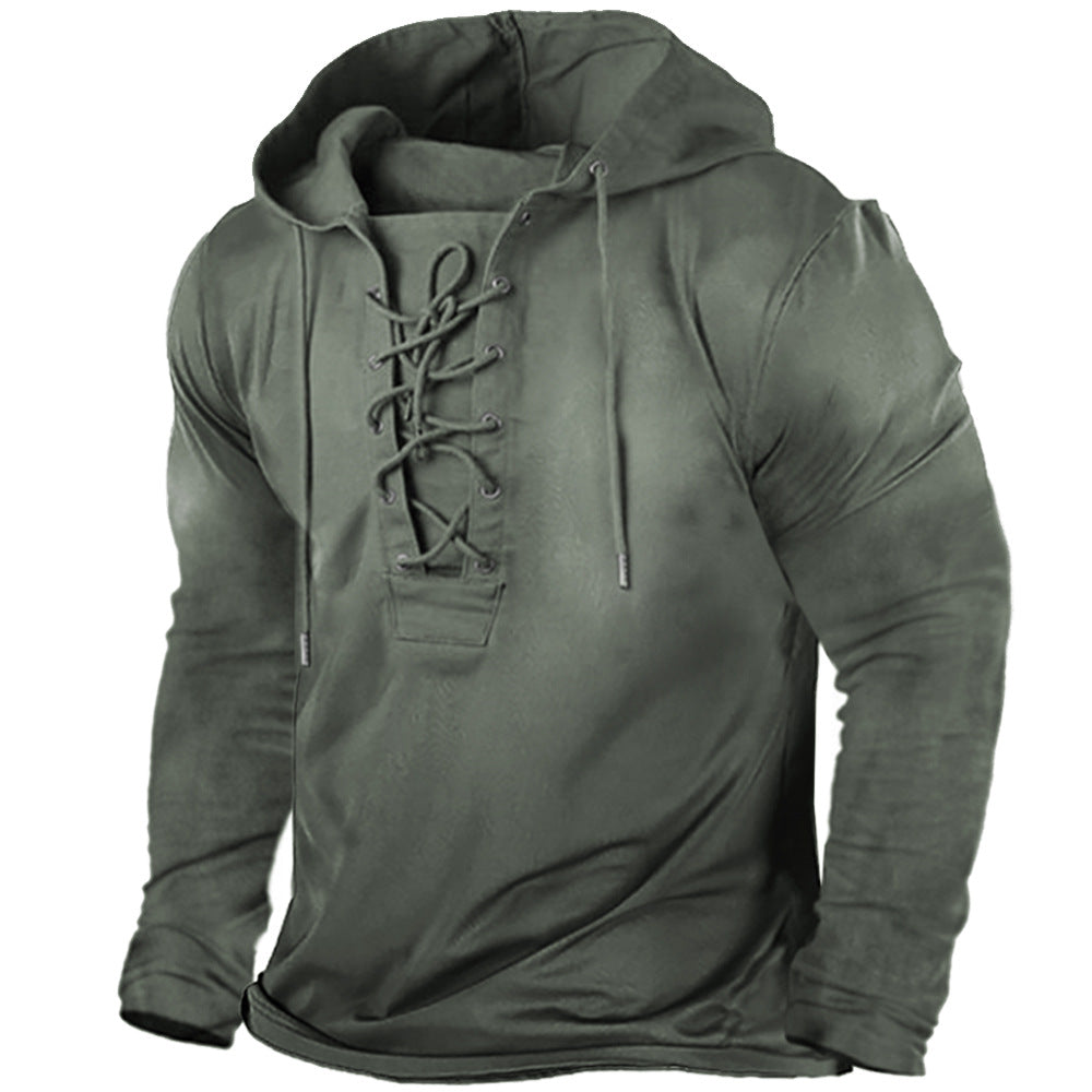 Men's Lace-Up Hooded T-Shirt - Long Sleeves Relaxed Fit