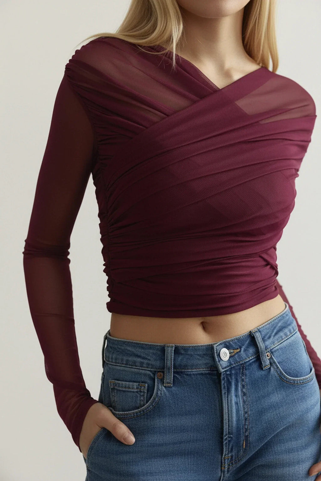 Women's Pleated Long-Sleeve Top – Elegant Fitted Cut