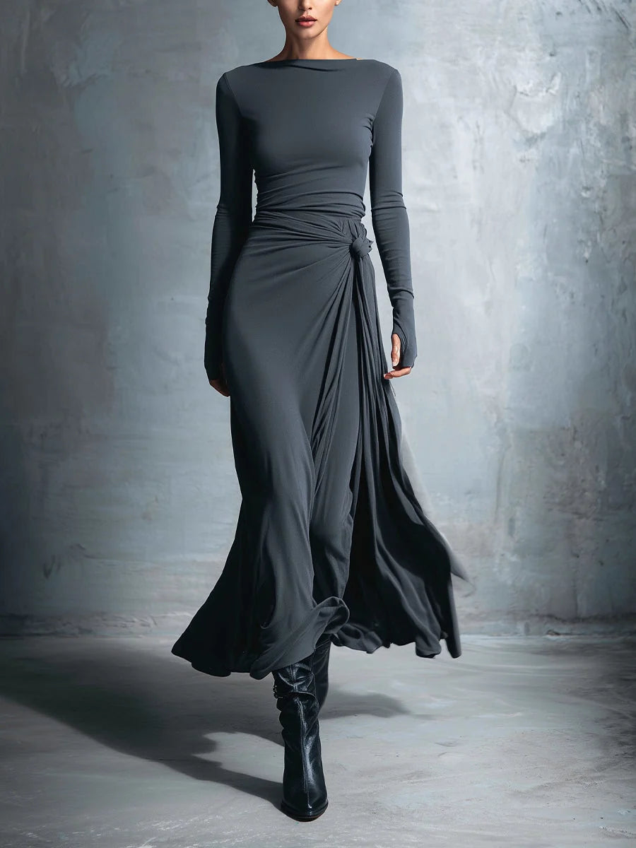 Maxi Wrap Dress for Women – Elegant Bow Detail Long Sleeves