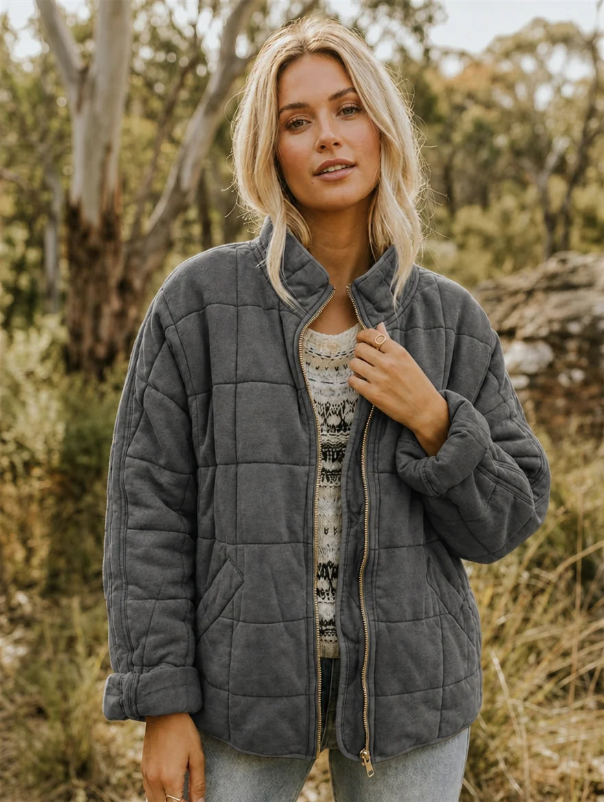 Women's quilted Jacket with Zipper Closure – Stand Collar, Diamond Pattern
