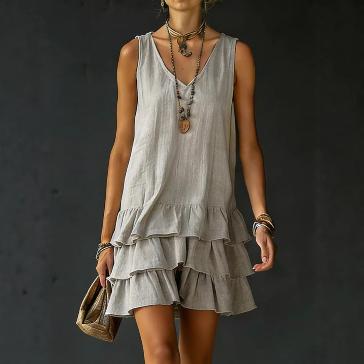 Women's Mini Dress – Lightweight Textured Fabric Sleeveless with Ruffles