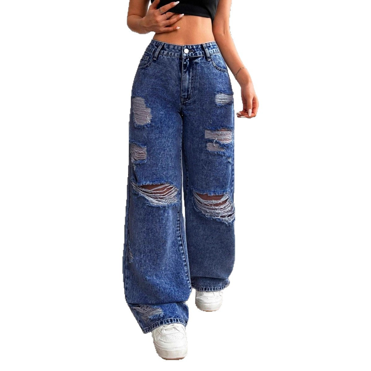 Women's High-Waisted Cotton Jeans – Wide Straight-Leg Distressed Fit