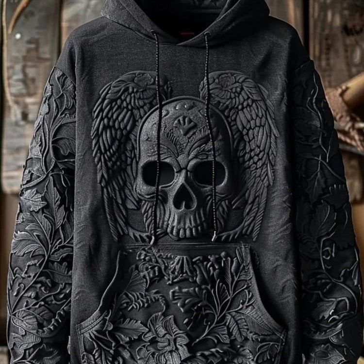 Men's Hooded Sweatshirt with Skull Print - Dark Style with Quilted Hood