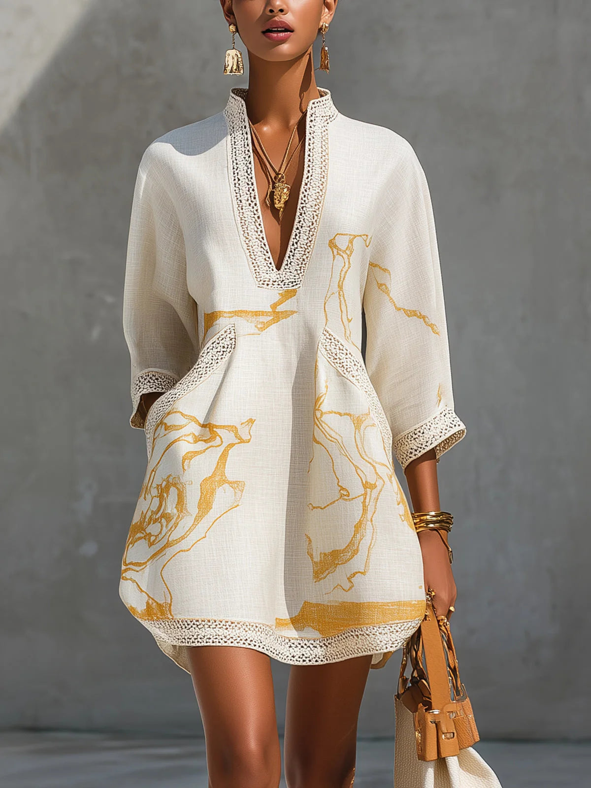 Women's Mini Dress V-Neck Lace – Casual Three-Quarter Sleeves