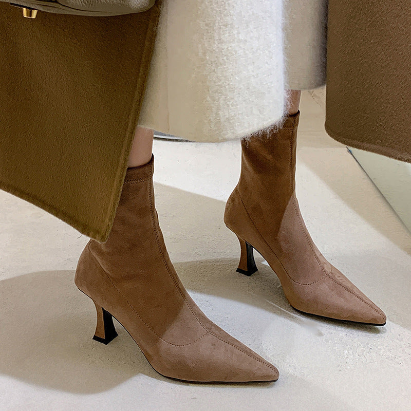 Women's Suede Shaft Ankle Boot – Pointed Toe, Stiletto Heel, Back Zip