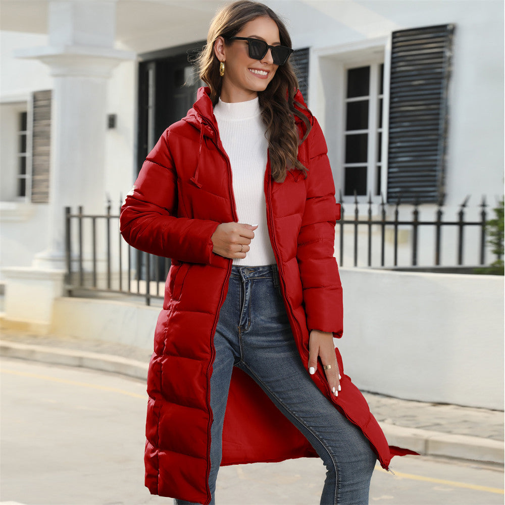Women's Mid-Length Hooded Quilted Coat – Slim Fit, Side Pockets