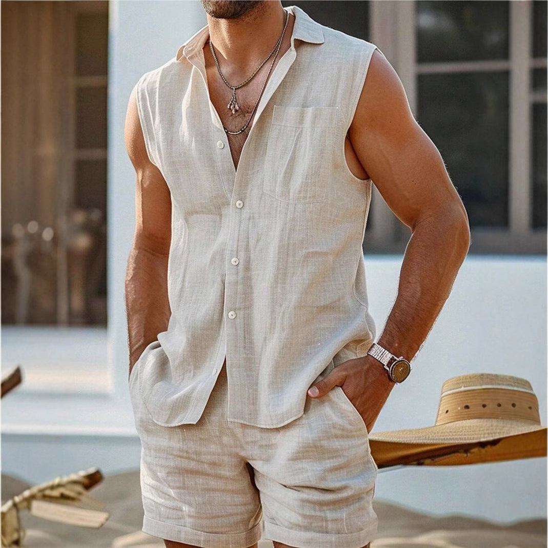 Men's Two-Piece Set in Blended Cotton – Open Collar Shirt, Sleeveless, Lightweight