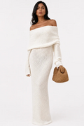 Women's Maxi Dress with Bare Shoulders – Large Draped Lapel, Flared Sleeves