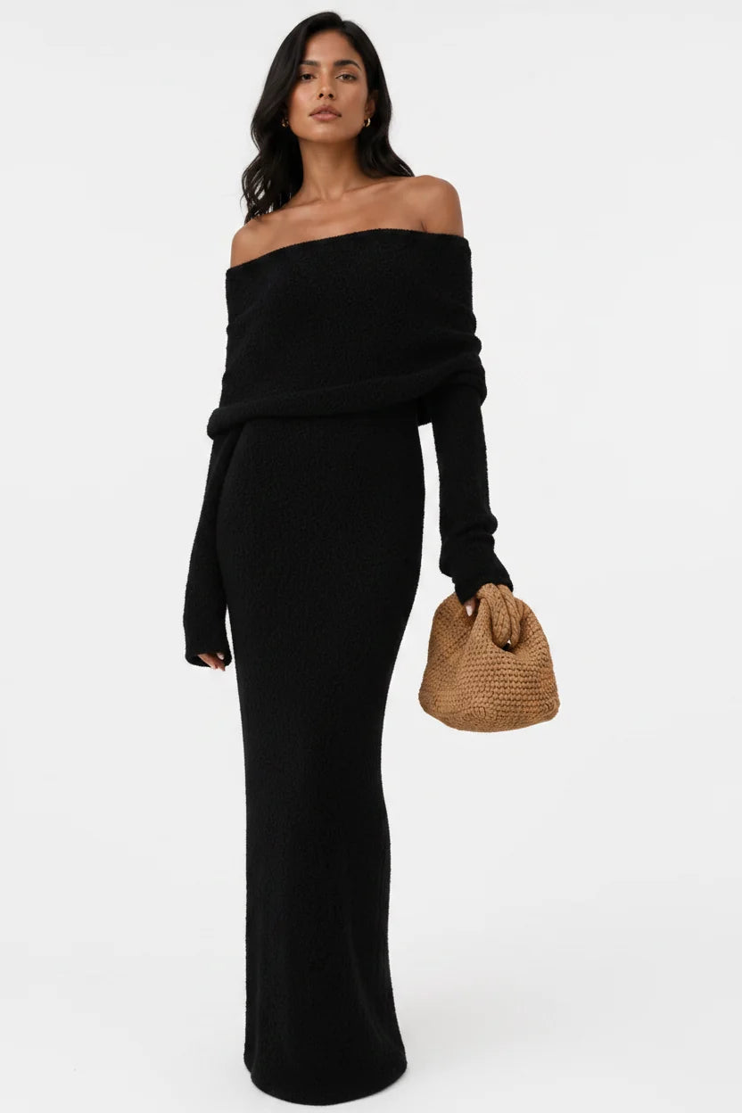 Women's Maxi Dress with Bare Shoulders – Large Draped Lapel, Flared Sleeves