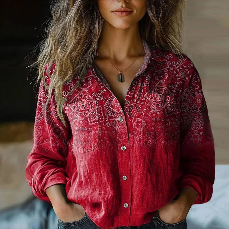 Women's Linen-Style Top – Long Sleeves, Loose Fit, 3D Pattern