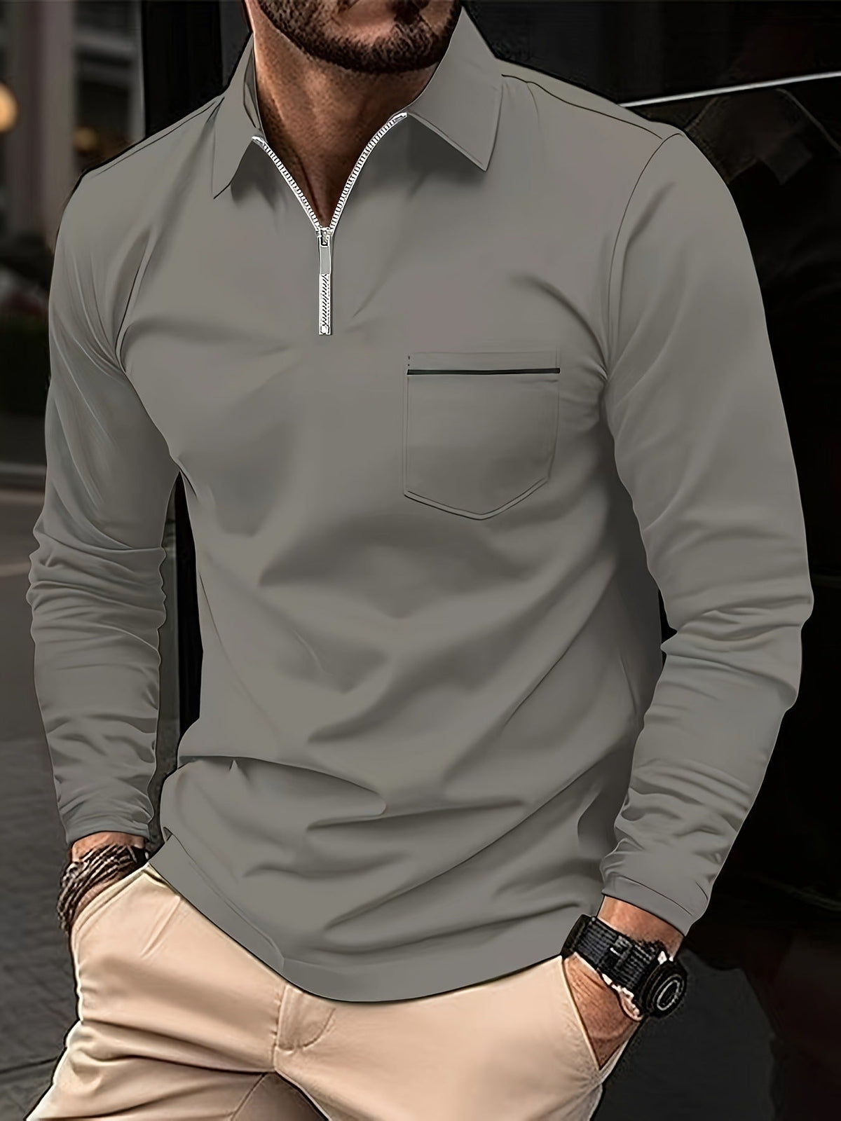 Men's Long-Sleeve Zippered Polo – Elegant Front Pocket