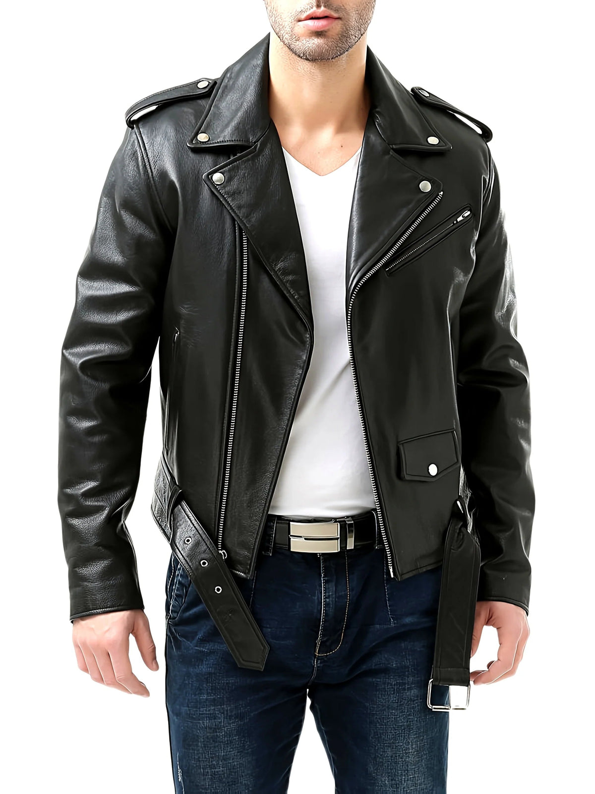 Men's Faux Leather Biker Jacket – Relaxed Fit with 3D Pockets