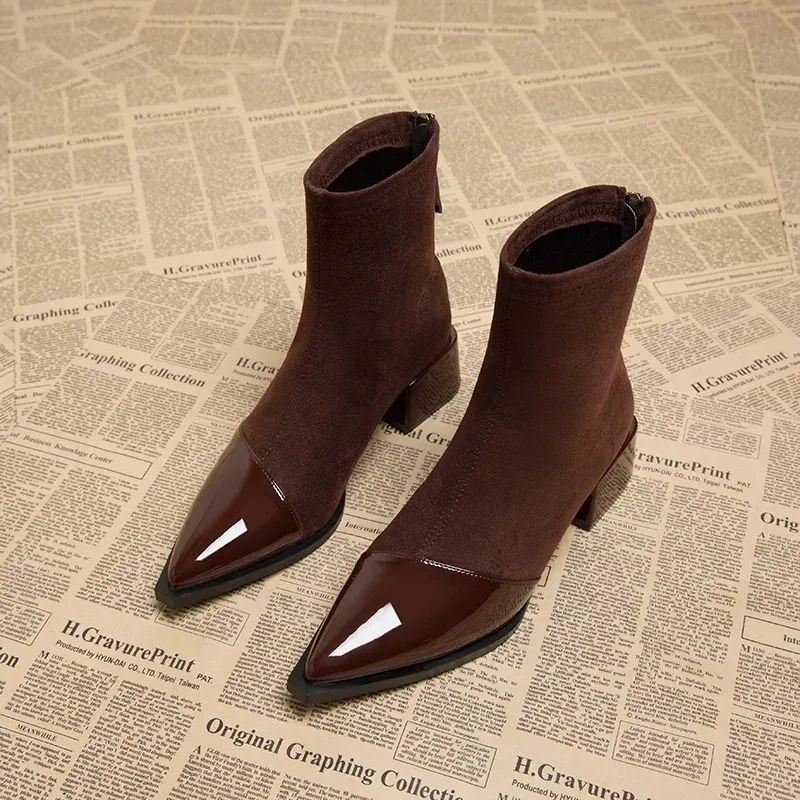 Women's Ankle Boots with Wide Heel – Pointed Toe, Low Shaft