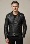 Men's Biker Jacket in Cowhide Leather – Asymmetrical Closure, Belted Waist