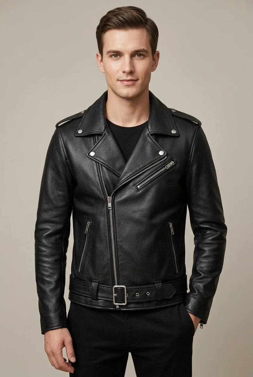 Men's Biker Jacket in Cowhide Leather – Asymmetrical Closure, Belted Waist