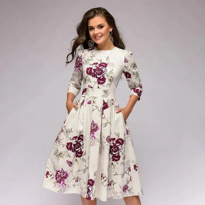 Women's Midi Flared Printed Dress – Elegant Pleats, Defined Waist