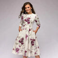 Women's Midi Flared Printed Dress – Elegant Pleats, Defined Waist