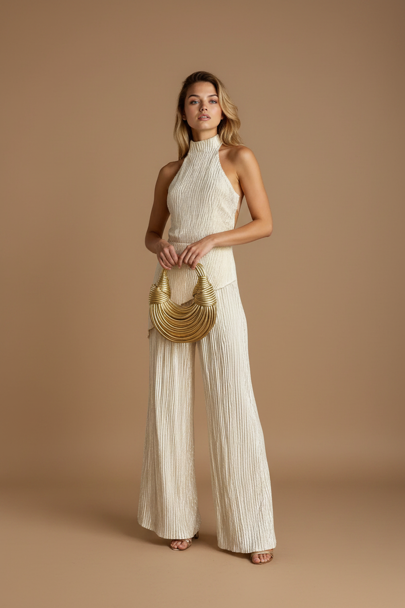 Women's Two-Piece Set – Asymmetrical Off-Shoulder Top and Pleated Trousers