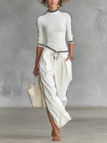 Two-Piece Set for Women – Long-Sleeved Top and Wide-Leg Trousers with Contrasting Details