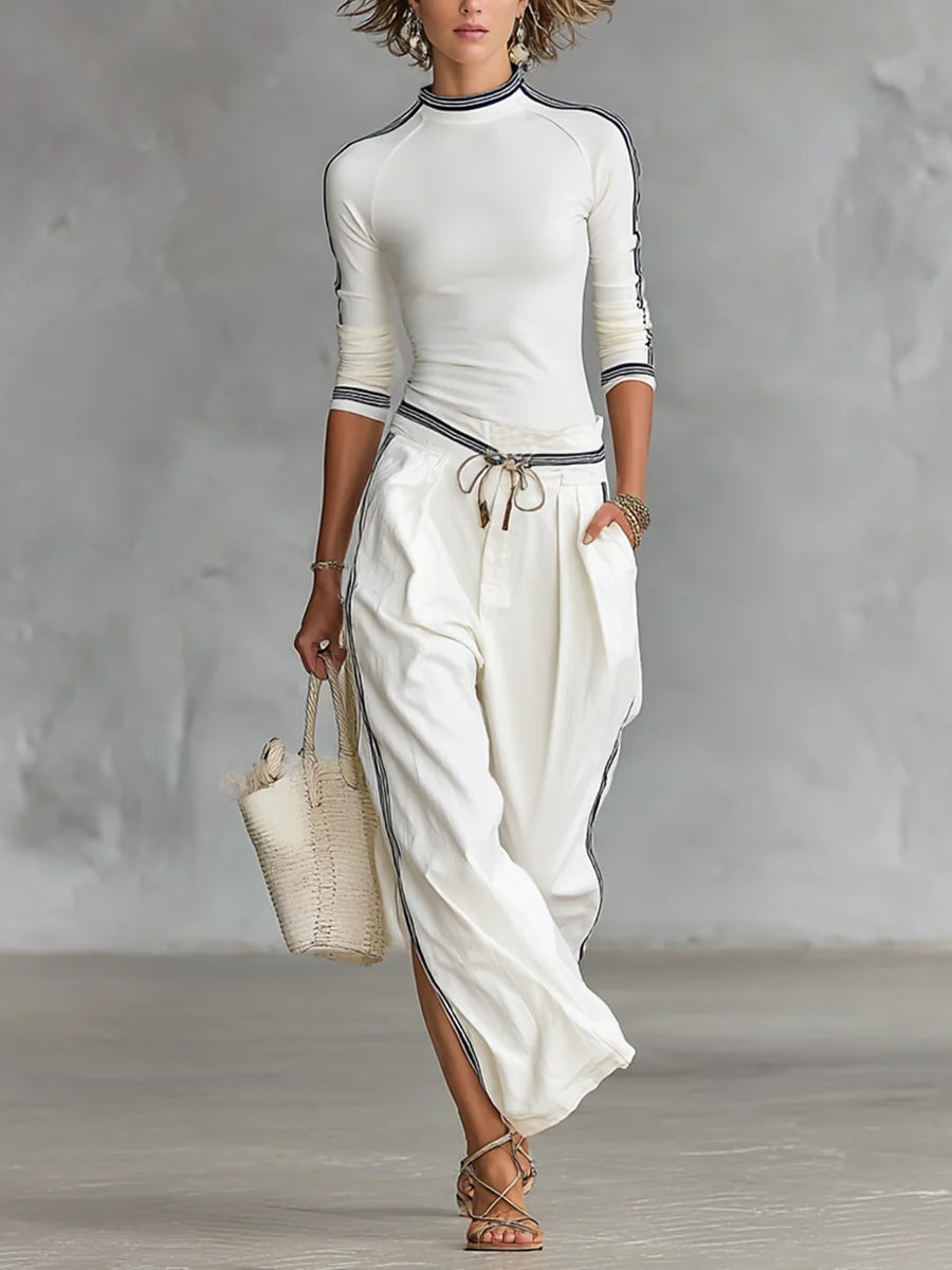 Two-Piece Set for Women – Long-Sleeved Top and Wide-Leg Trousers with Contrasting Details