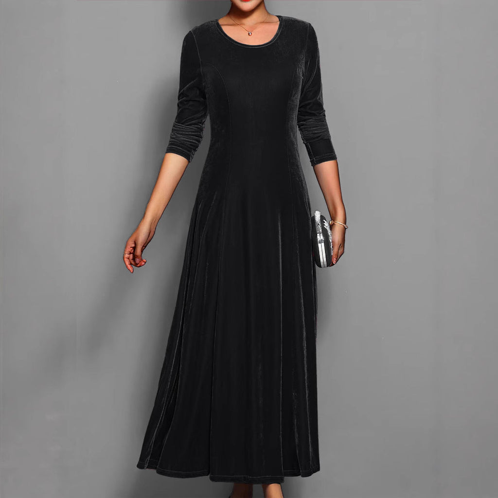 Women's Long Velvet Dress – A-Line Fit, Elegant 3/4 Sleeves