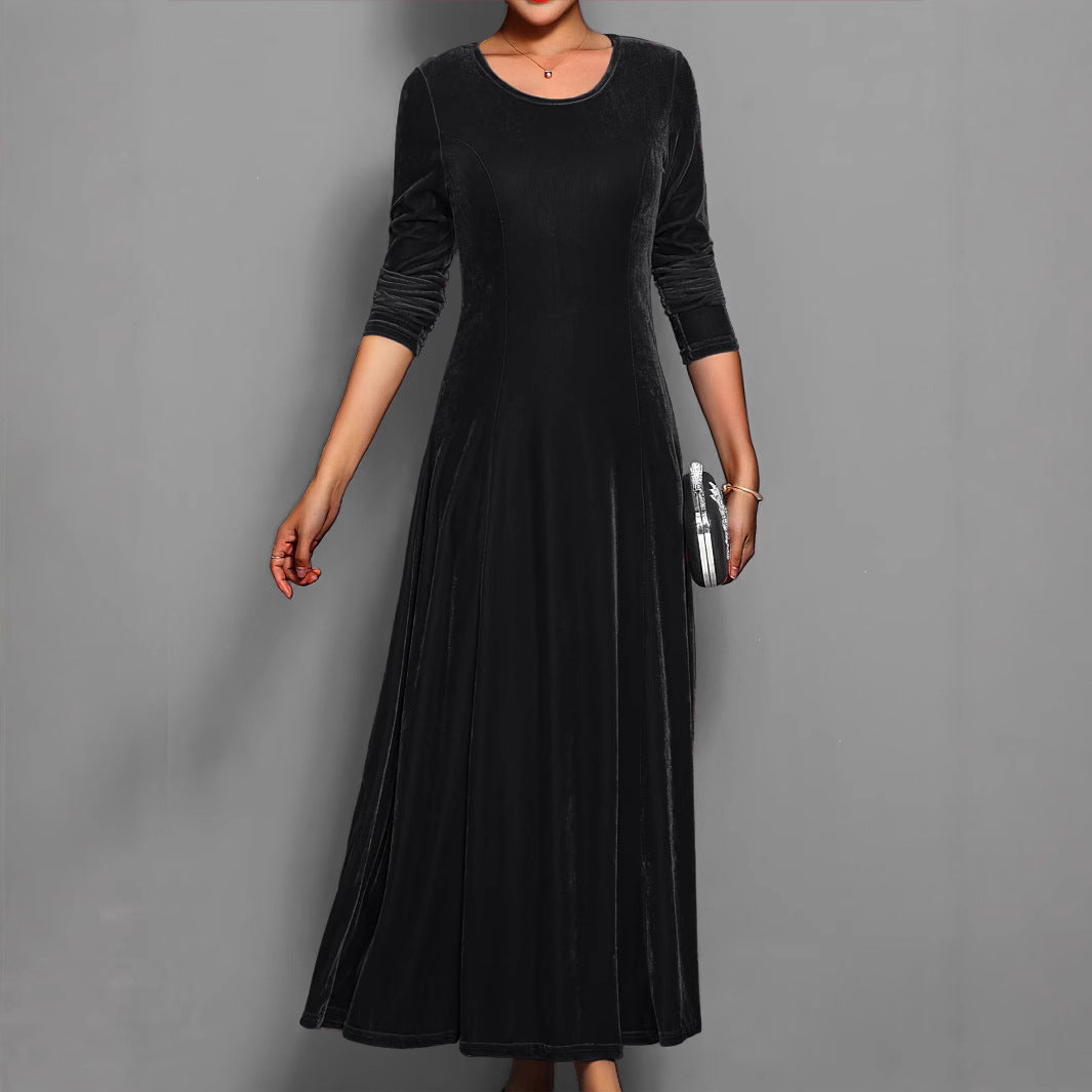 Women's Long Velvet Dress – A-Line Fit, Elegant 3/4 Sleeves