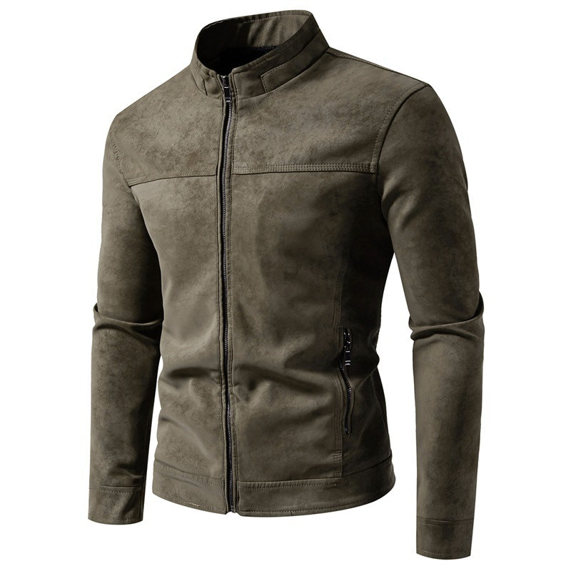 Men's Retro Faux Leather Bomber Jacket – Stand Collar, Relaxed Fit