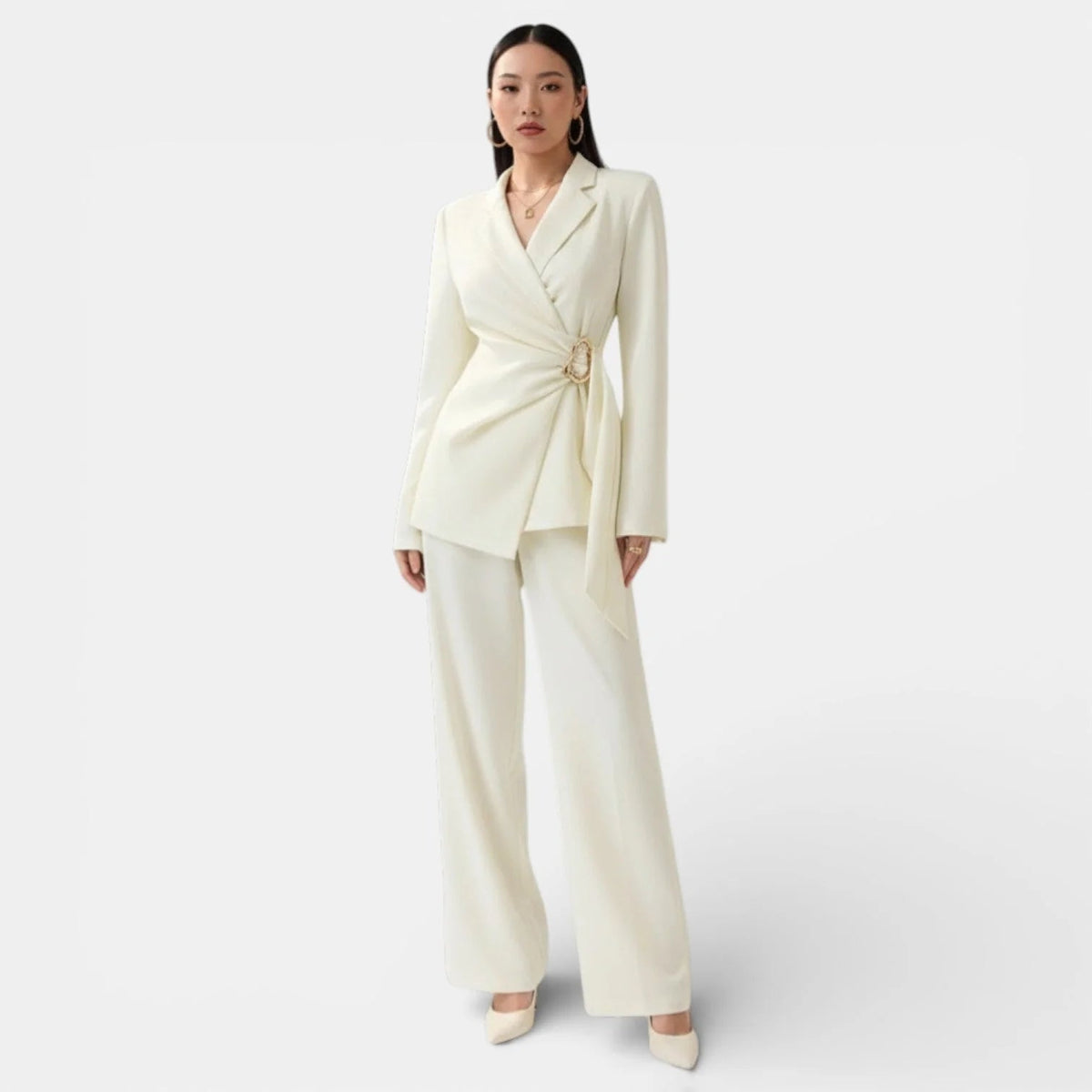 Women's Suit Set with Double-Breasted Blazer and Wide-Leg Trousers – Streamlined Silhouette
