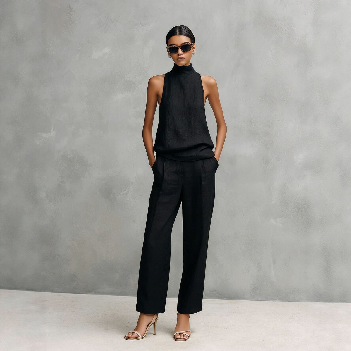 Women's Set: Sleeveless High Neck Top and Wide-Leg Pants – Modern Silhouette