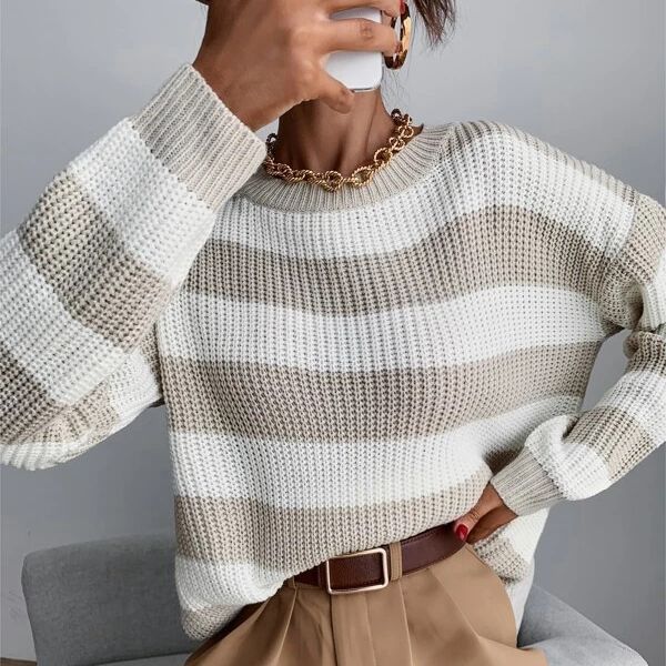 Women's Knitted Striped Sweater - Relaxed Loose Fit