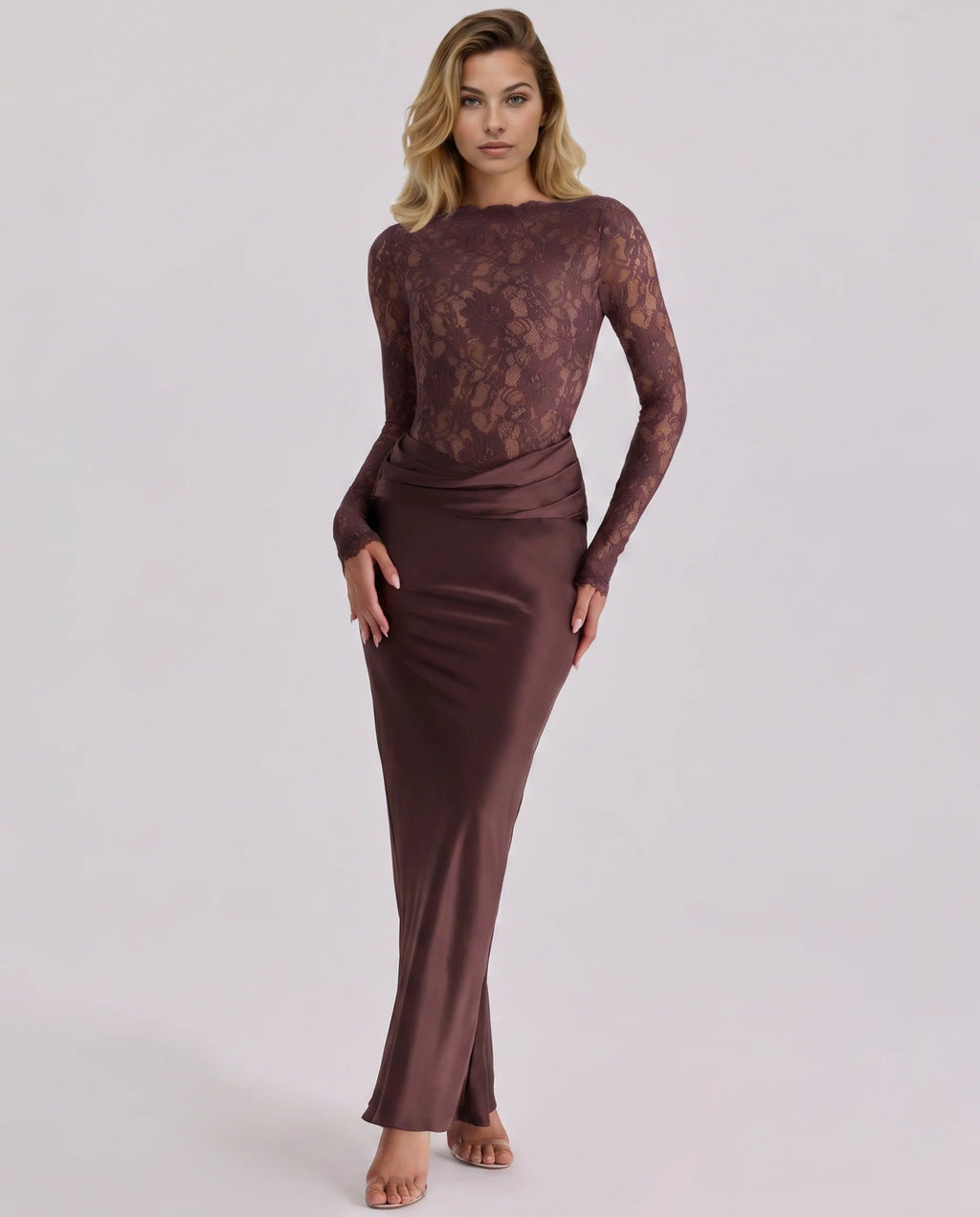 Women's Long Satin Skirt with Lace Panel – Mermaid Fit