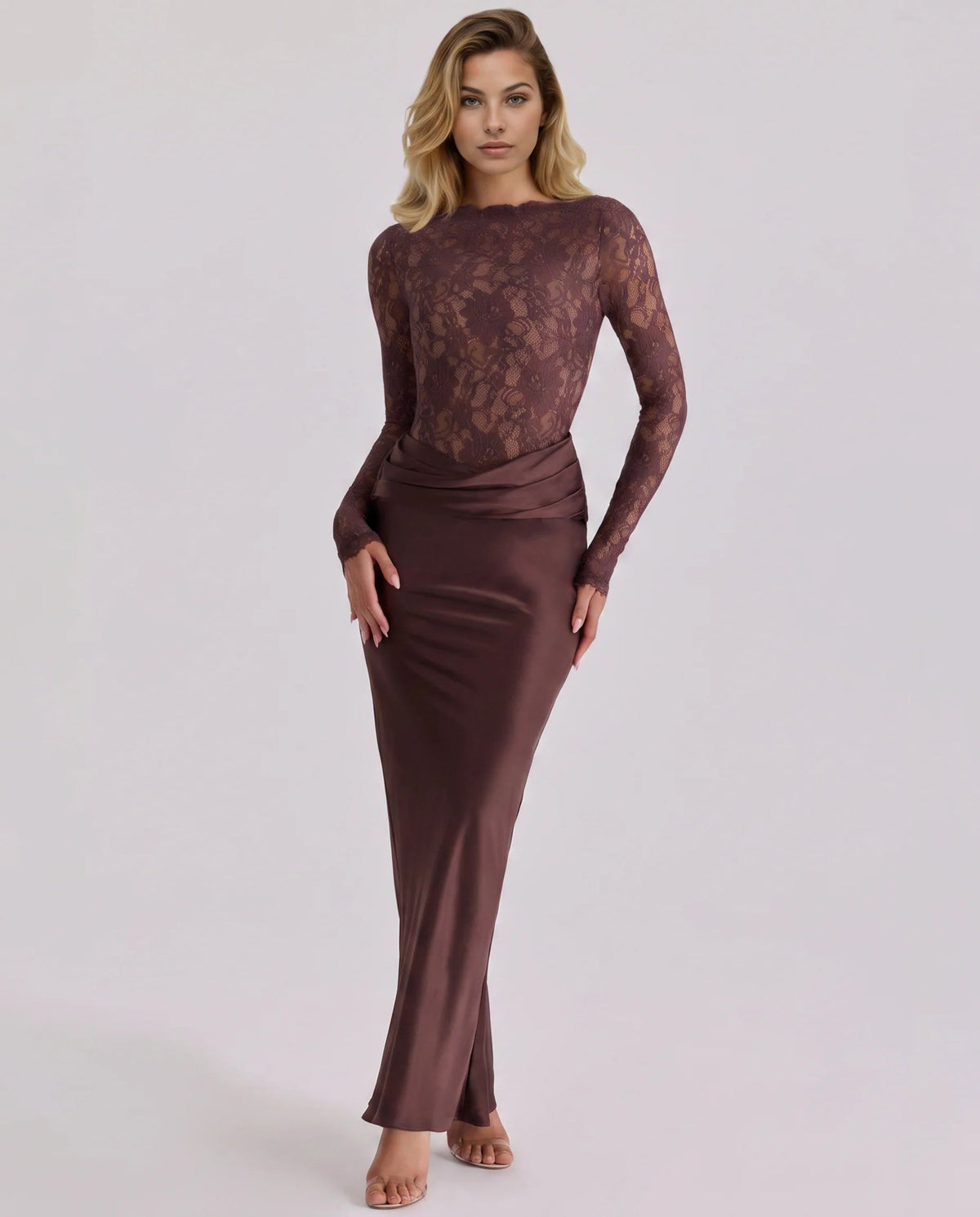 Women's Long Satin Skirt with Lace Panel – Mermaid Fit