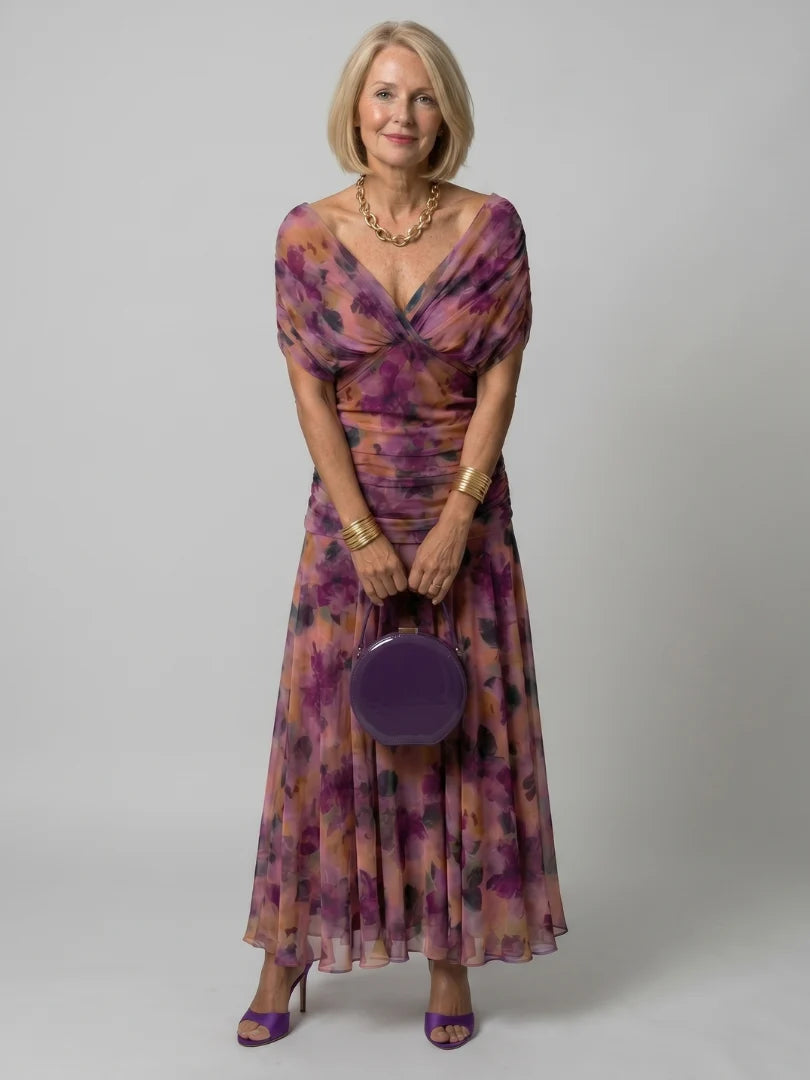 Women's Maxi Chiffon Dress – V-Neck Print, Short Sleeves
