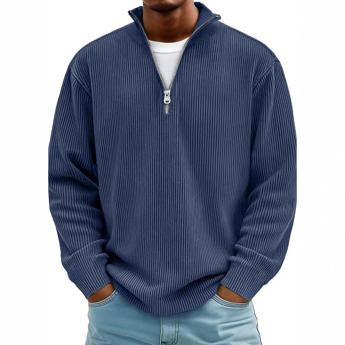 Men's High-Neck Zippered Sweater – Ribbed Knitwear, Versatile Look