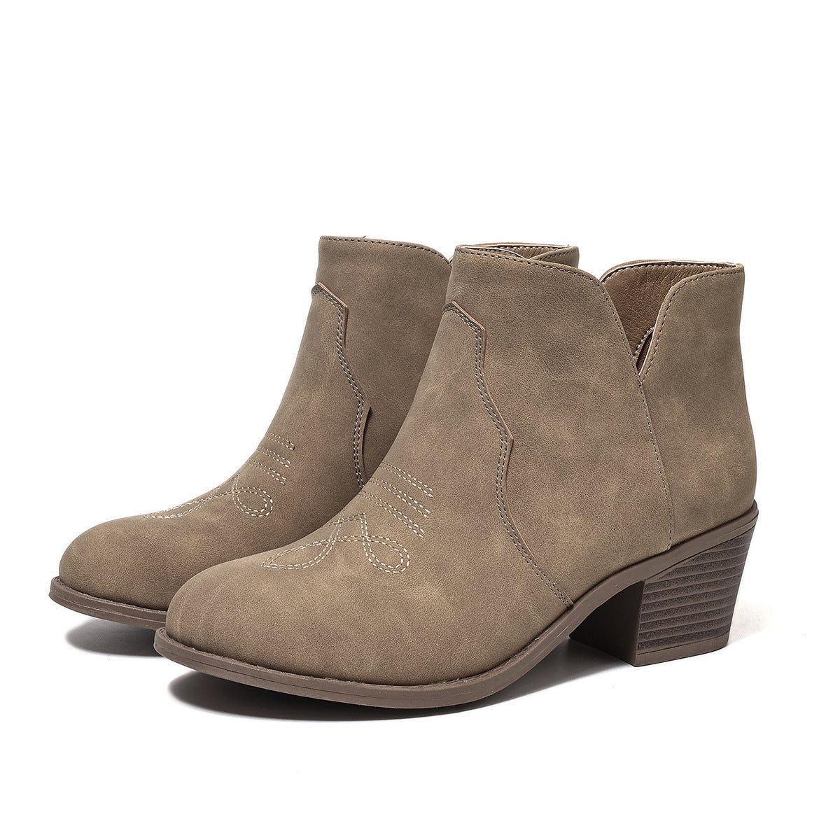 Women's Western Ankle Boots with Block Heel – Elegant Embroidery