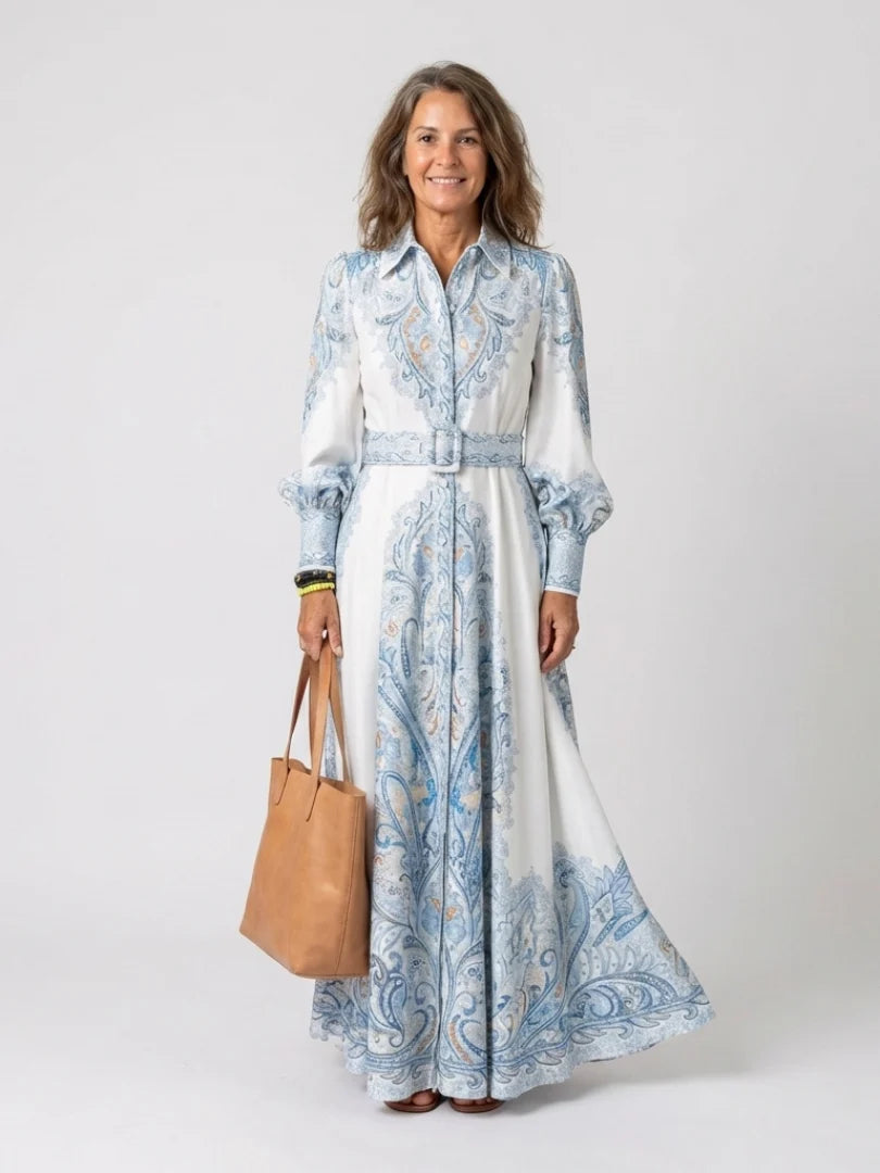 Women's Maxi Printed Dress – Notched Collar, Lantern Sleeves