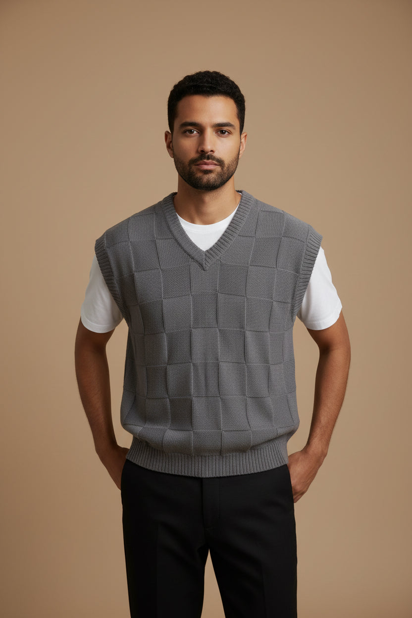 Men's Knitwear Vest – V-Neck Sleeveless Plaid Pattern