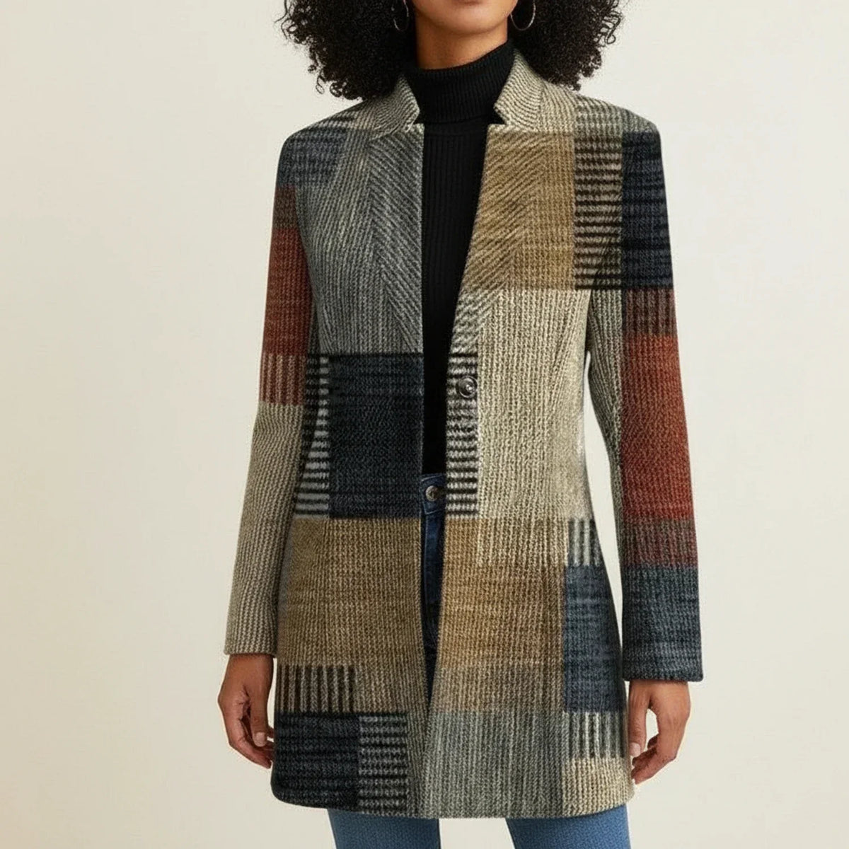 Coat for Women – Textured Plaid Patchwork, Tailored Collar