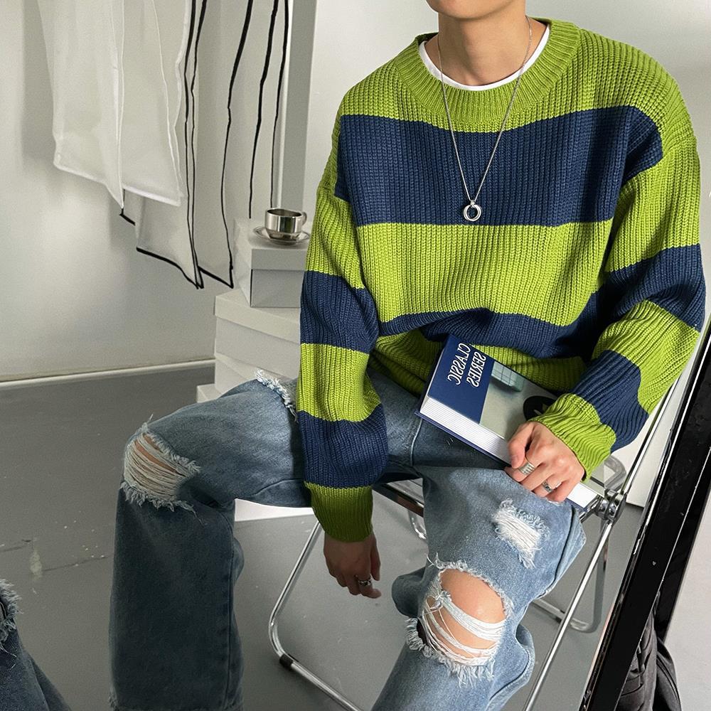 Men's Striped Sweater – Crew Neck, Loose Fit