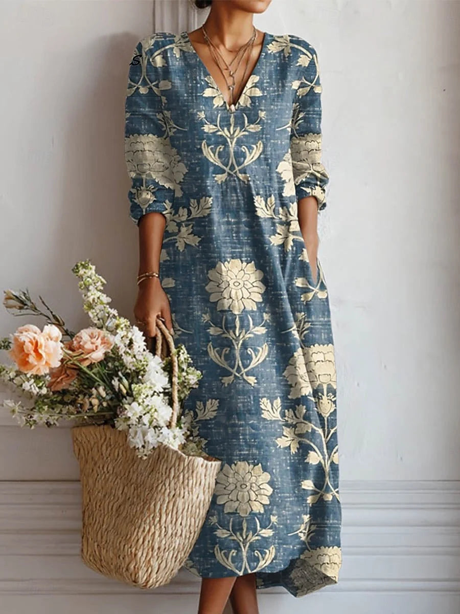 Women's Long-Sleeve Linen Dress – Relaxed Midi Fit