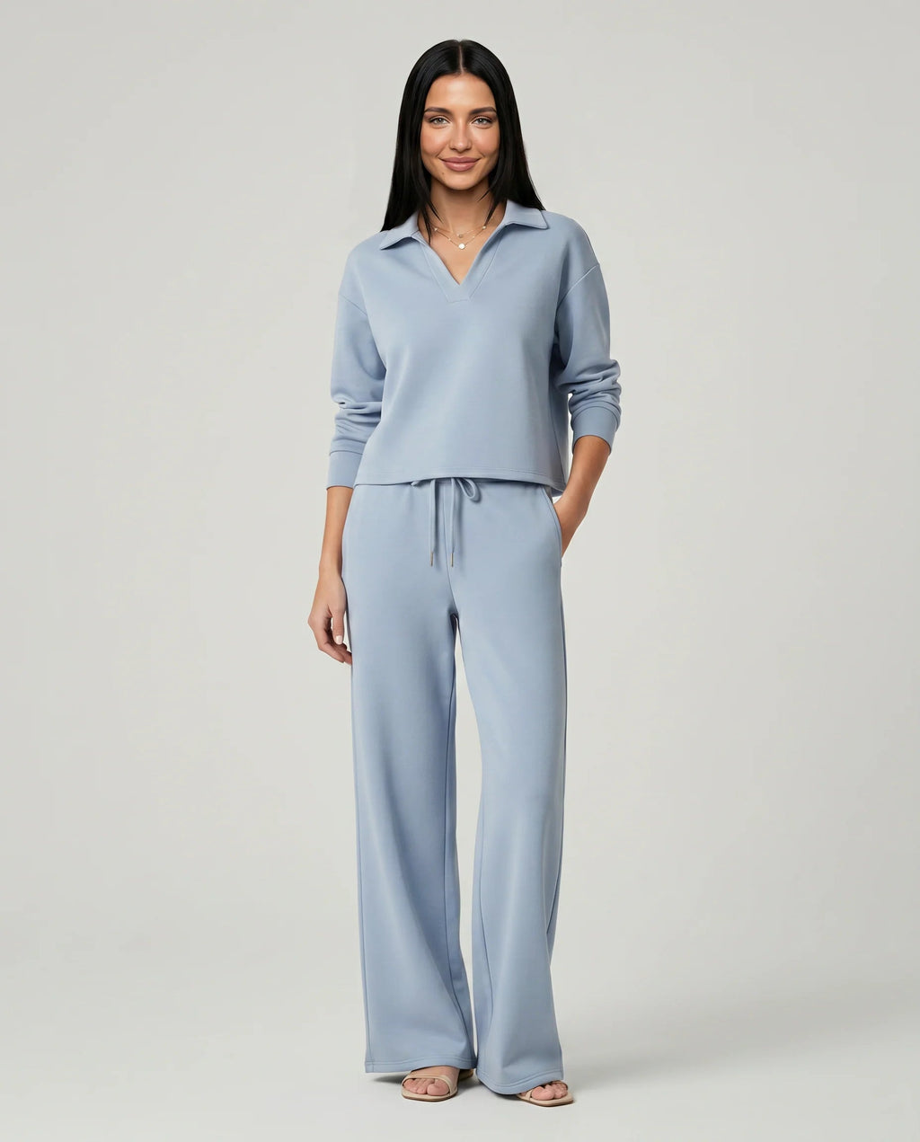 Women's Two-Piece Set – Relaxed V-Neck Top and Wide-Leg Trousers