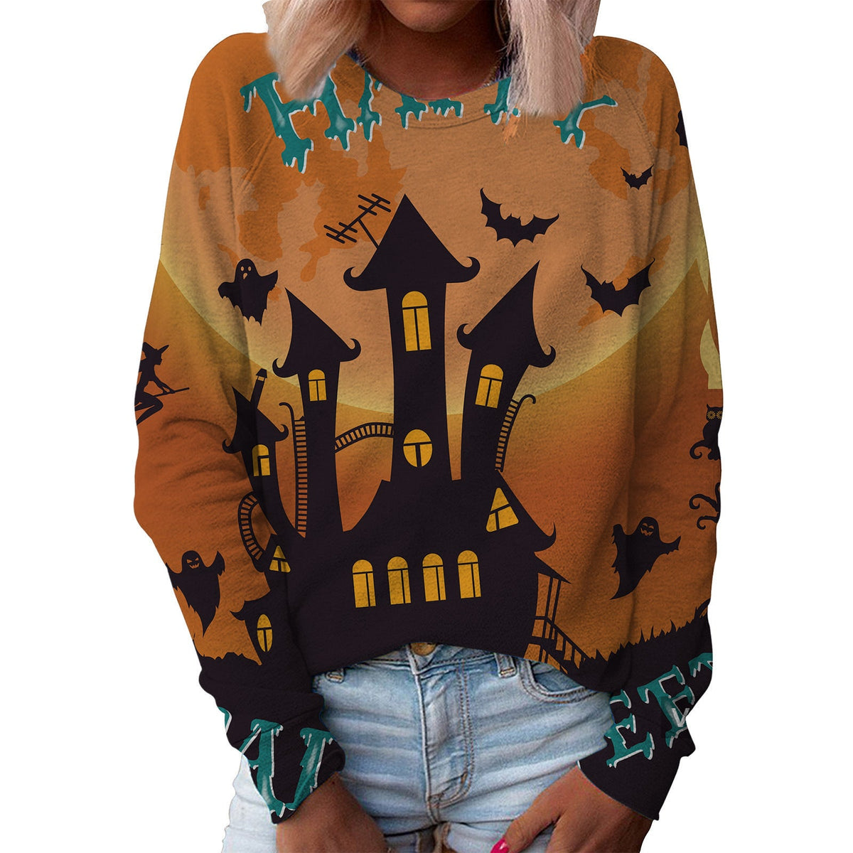 Women's Printed Top with Round Neck - Seasonal Pattern