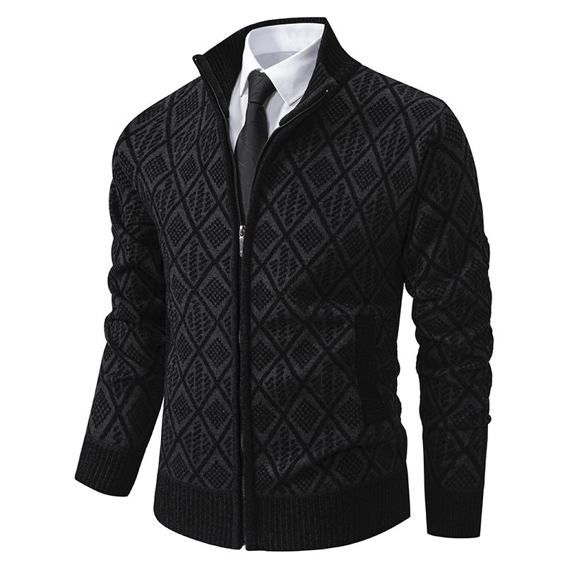 Men's Cardigan with Stand Collar - Zip Closure and Side Pocket
