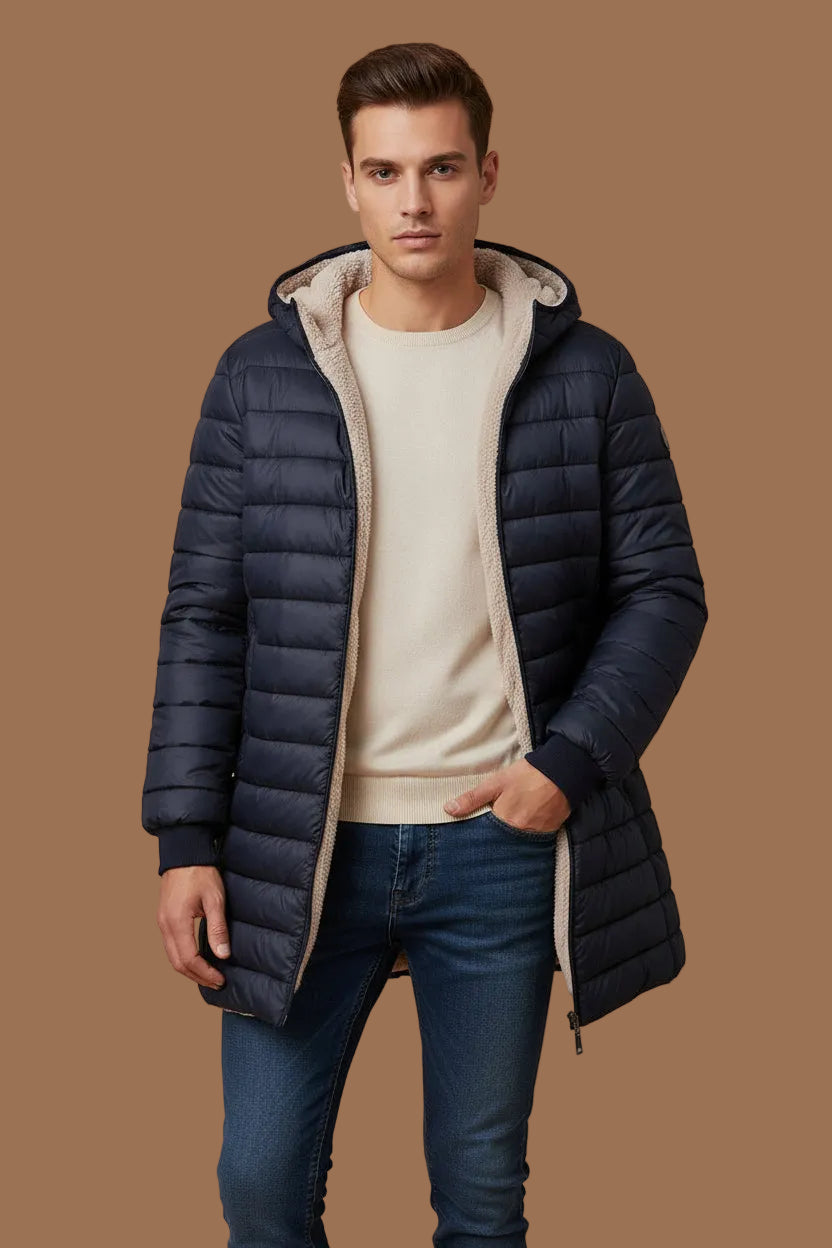 Men's Mid-Length Hooded Quilted Jacket - Fleece Lining