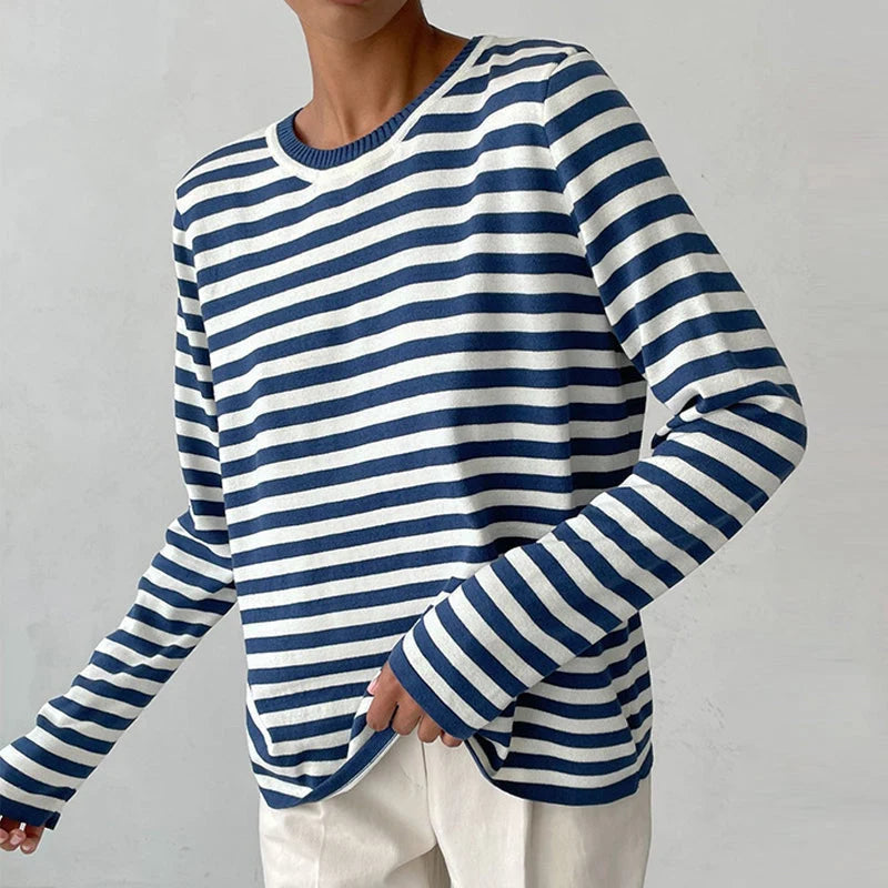 Women's Striped Knit Sweater – Relaxed Fit, Long Sleeves