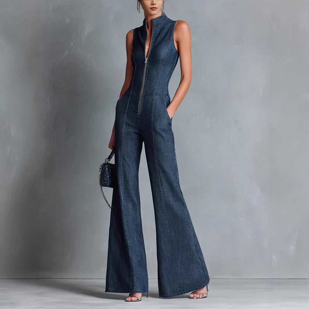 Women's Denim Jumpsuit – Fitted Cut Sleeveless with Stand Collar and Zip