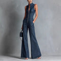Women's Denim Jumpsuit – Fitted Cut Sleeveless with Stand Collar and Zip