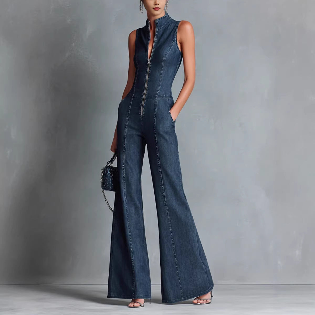 Women's Denim Jumpsuit – Fitted Cut Sleeveless with Stand Collar and Zip