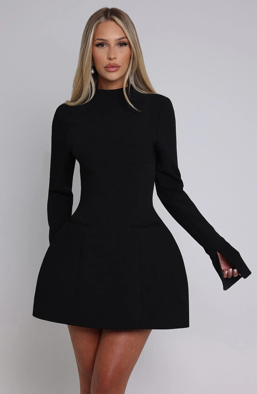 Mini A-Line Dress for Women - Long Sleeves, High Waist, Open Back